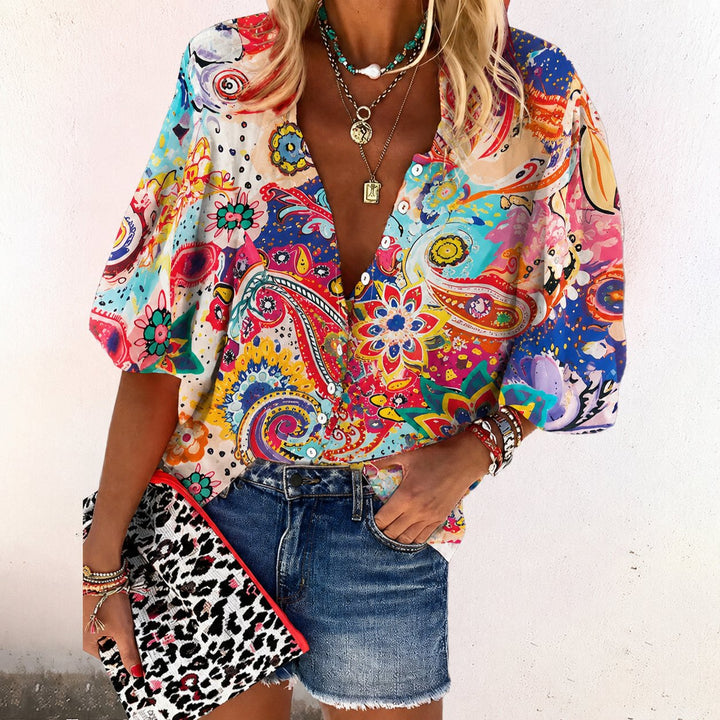 Women's Bohemian Floral Blouse V-Neck Long Sleeve Button Down - Pink