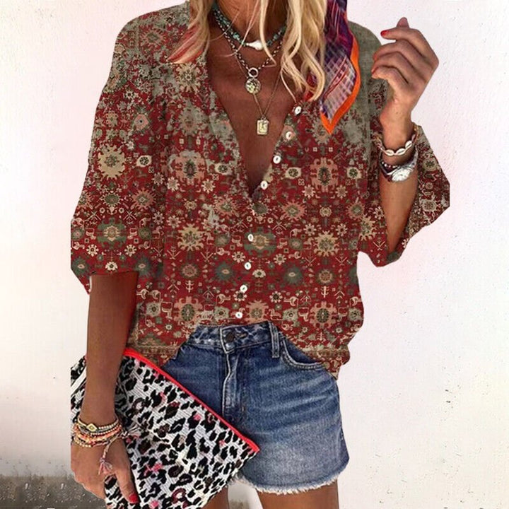 Women's Bohemian Floral Blouse V-Neck Long Sleeve Button Down - Brown