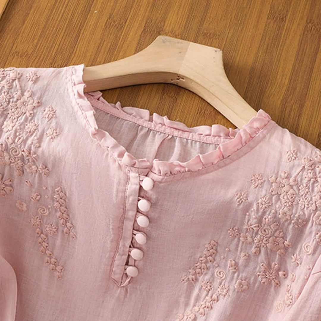 Women's Bohemian Floral Embroidered Ruffle-Neck Puff-Sleeve Blouse
