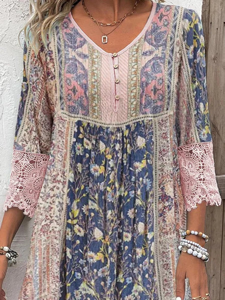 Women's Bohemian Floral Lace-Trim Three-Quarter Sleeve Tunic Dress