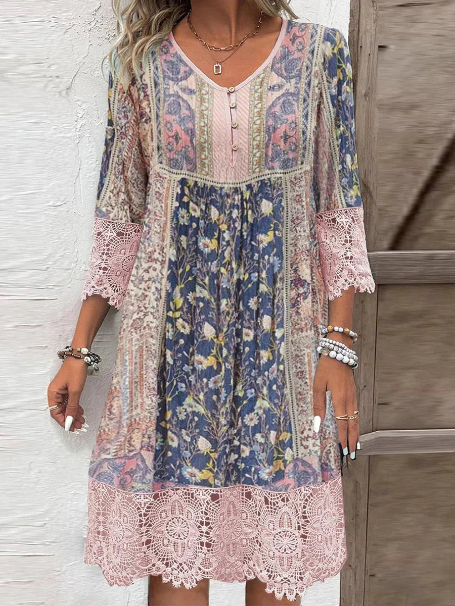 Women's Bohemian Floral Lace-Trim Three-Quarter Sleeve Tunic Dress - Rosa