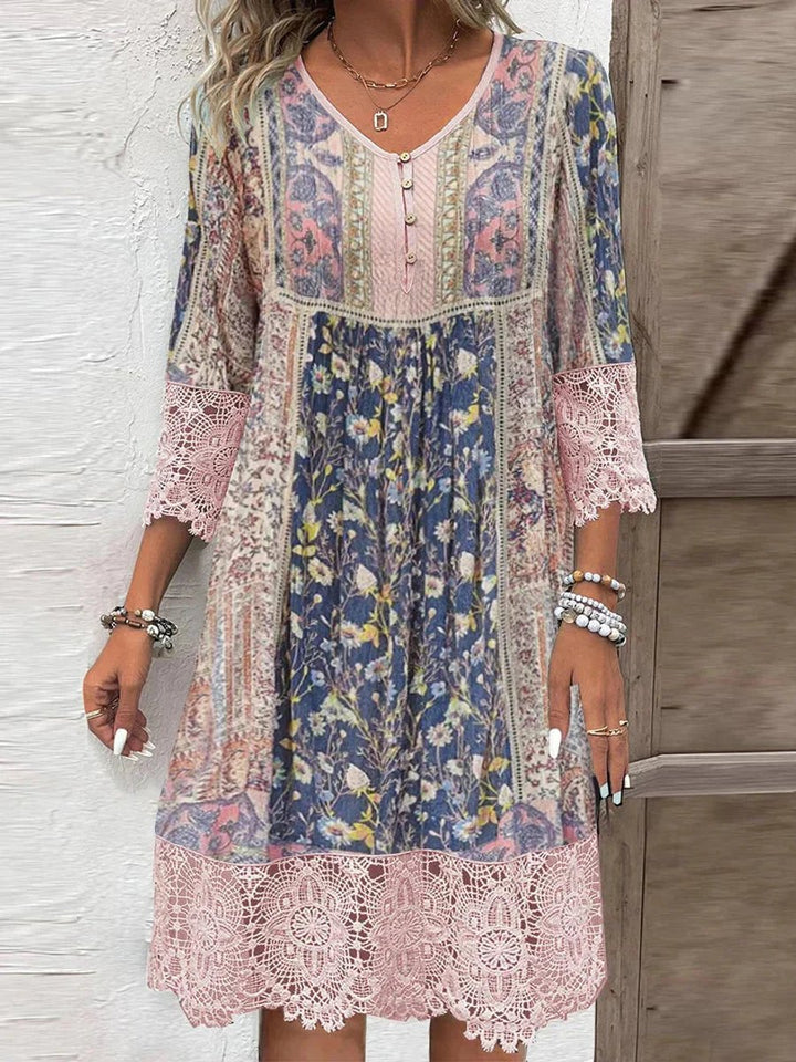 Women's Bohemian Floral Lace-Trim Three-Quarter Sleeve Tunic Dress - Rosa