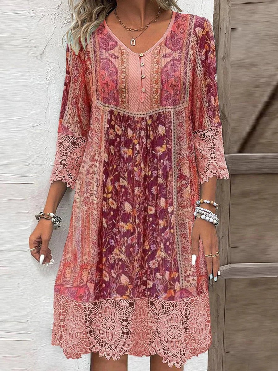 Women's Bohemian Floral Lace-Trim Three-Quarter Sleeve Tunic Dress - Rot