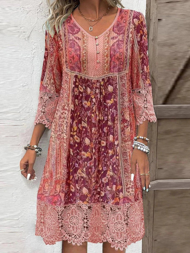 Women's Bohemian Floral Lace-Trim Three-Quarter Sleeve Tunic Dress - Rot