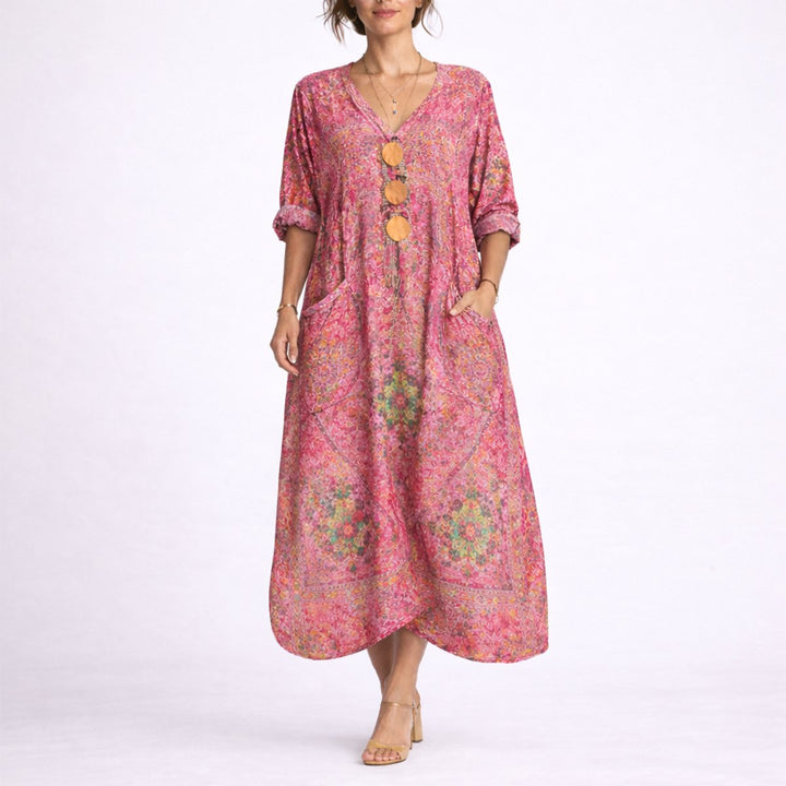 Women's Bohemian Maxi Fall Wedding Guest Dress Flowy Kaftan - Red