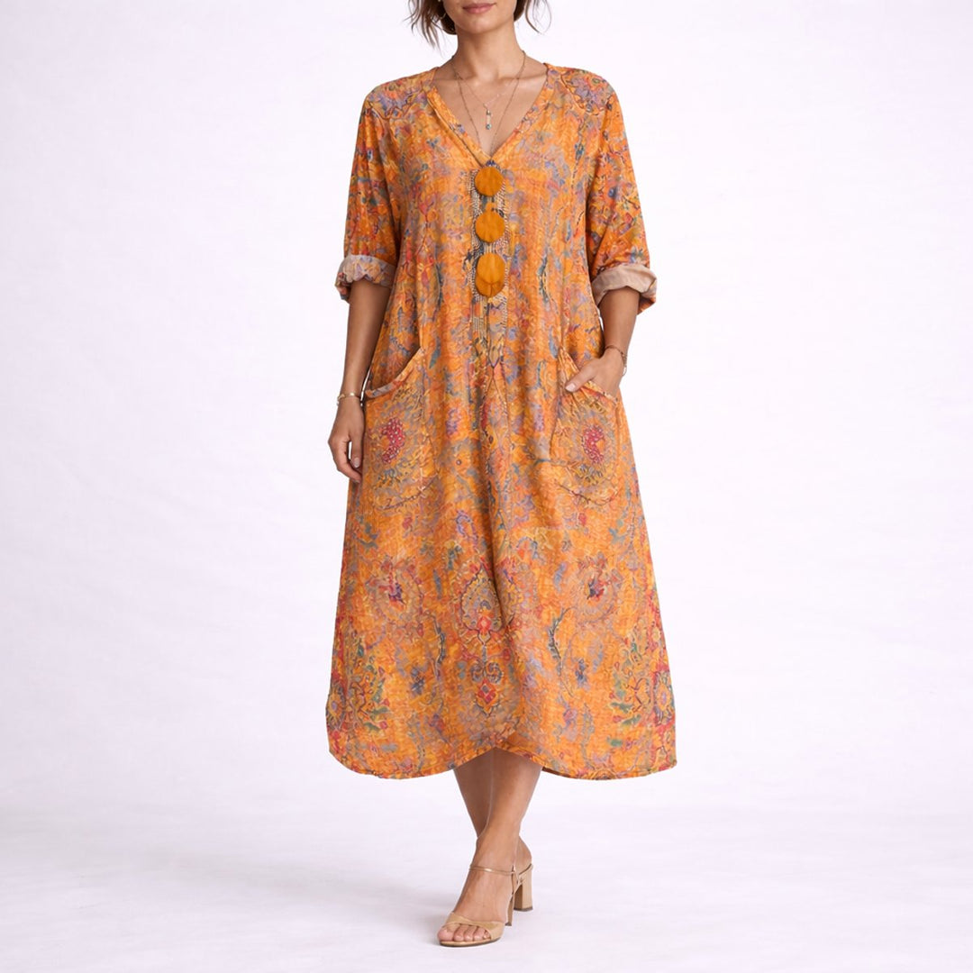 Women's Bohemian Maxi Fall Wedding Guest Dress Flowy Kaftan - Orange