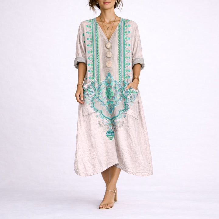 Women's Bohemian Maxi Fall Wedding Guest Dress Flowy Kaftan - Pink & Green