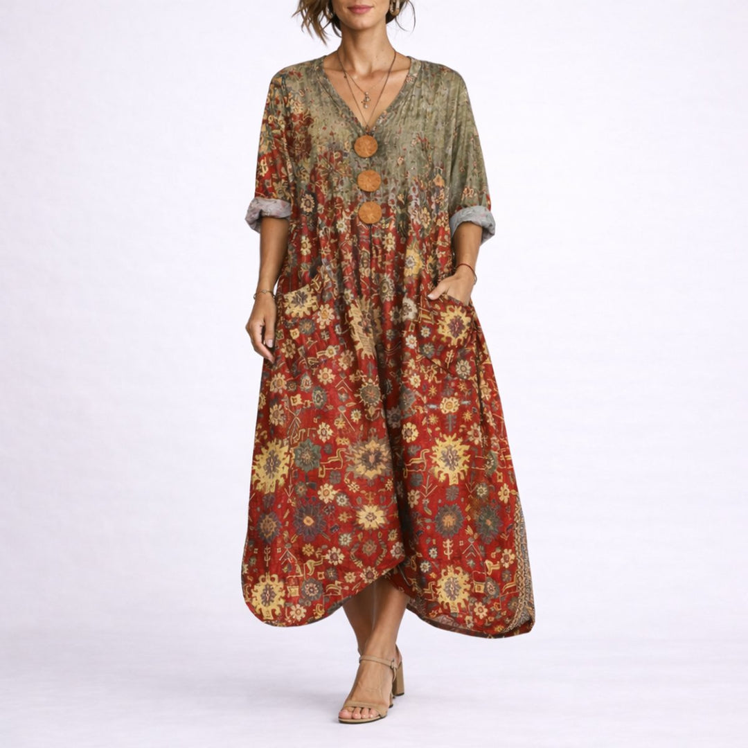 Women's Bohemian Maxi Fall Wedding Guest Dress Flowy Kaftan - Red Carpet