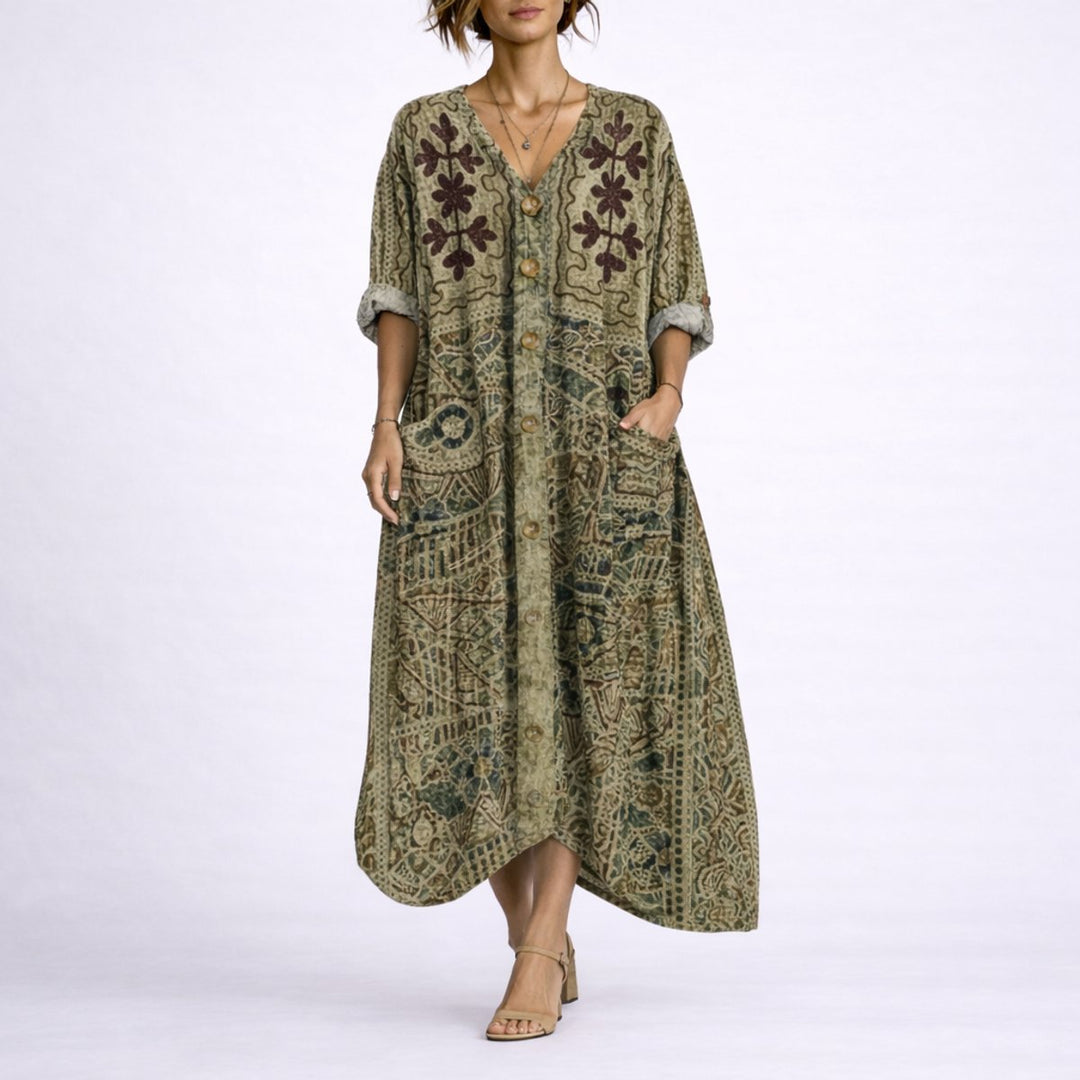 Women's Bohemian Maxi Fall Wedding Guest Dress Flowy Kaftan - Green
