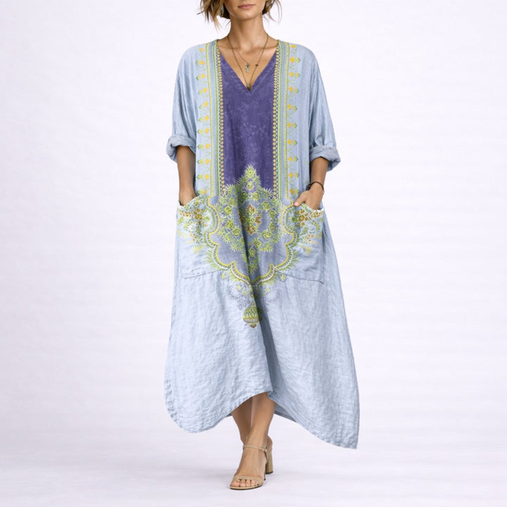 Women's Bohemian Maxi Fall Wedding Guest Dress Flowy Kaftan - Blue & Purple