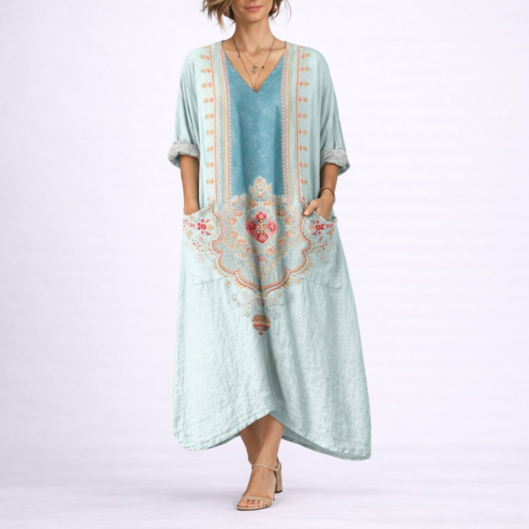 Women's Bohemian Maxi Fall Wedding Guest Dress Flowy Kaftan - Green & Blue