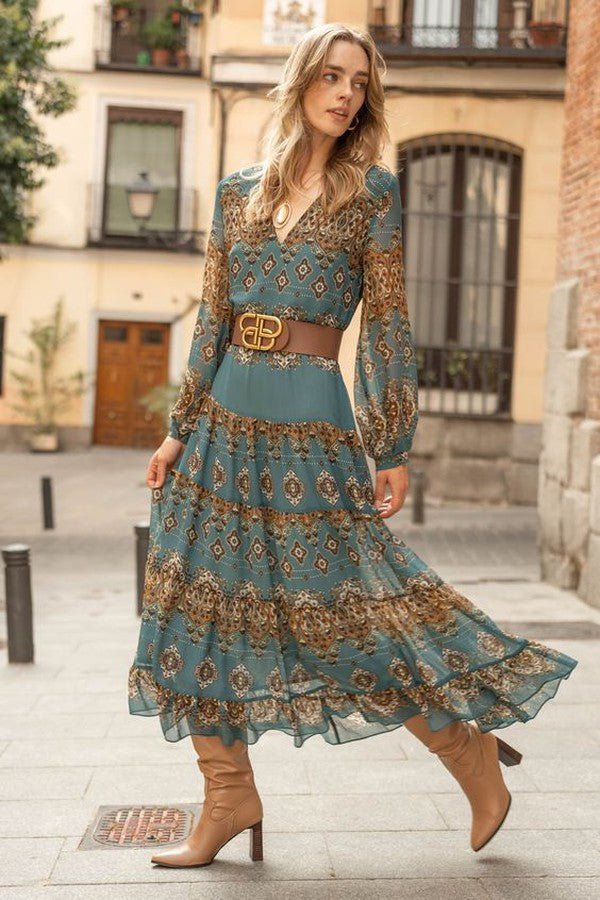 Women's Bohemian Medallion Print Long Sleeve Midi Dress