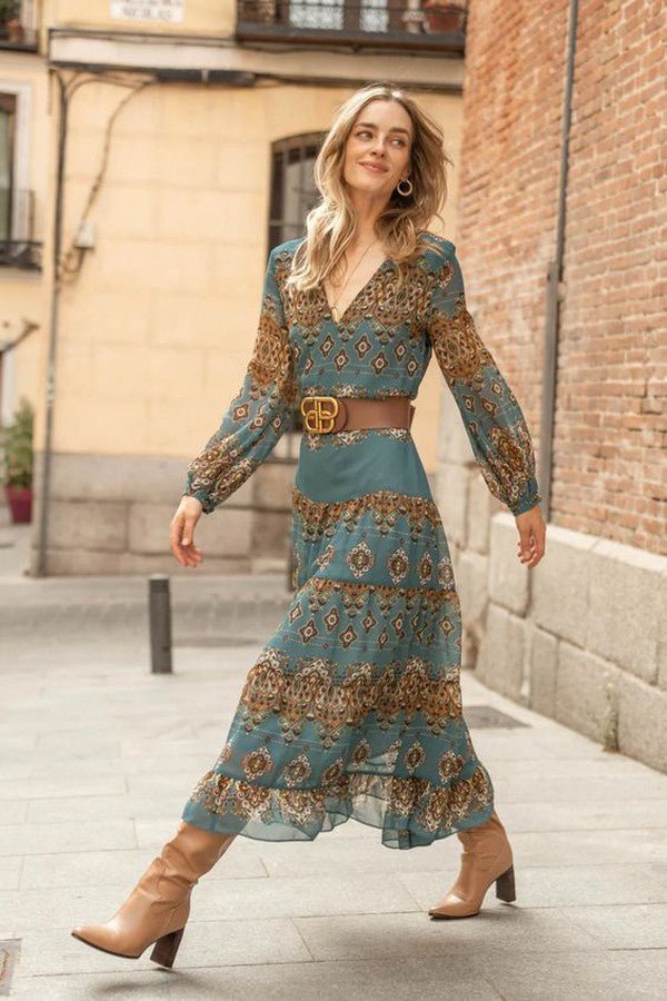Women's Bohemian Medallion Print Long Sleeve Midi Dress