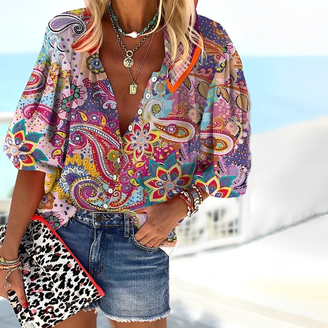 Women's Bohemian Paisley Print V-Neck Button-Up Blouse - Multicolor