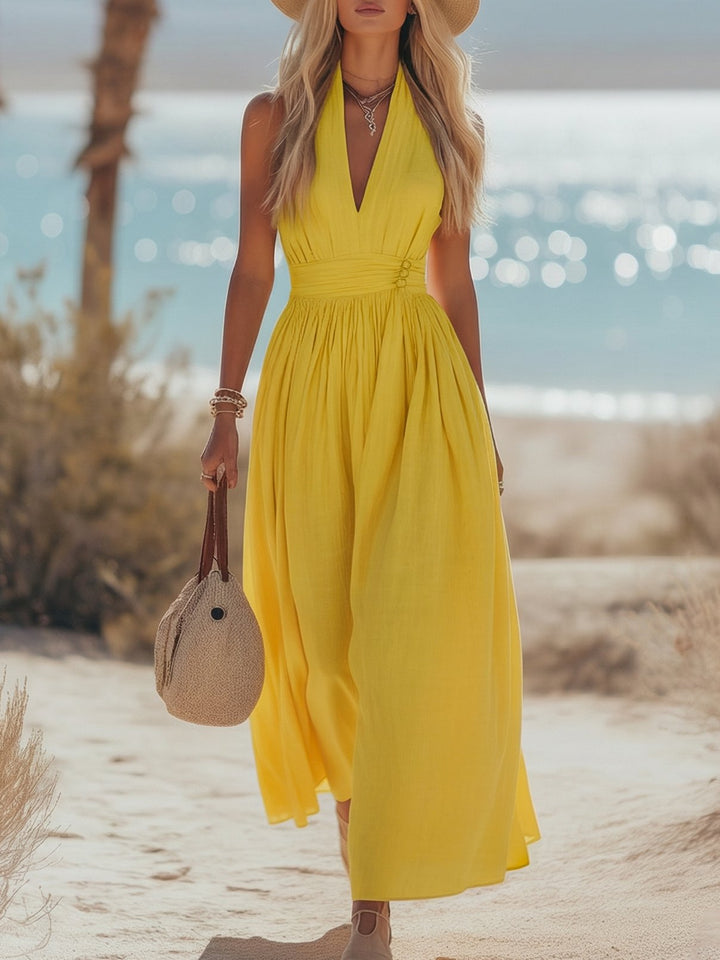 Women's Boho Cotton-Linen Halter Maxi Dress - Yellow