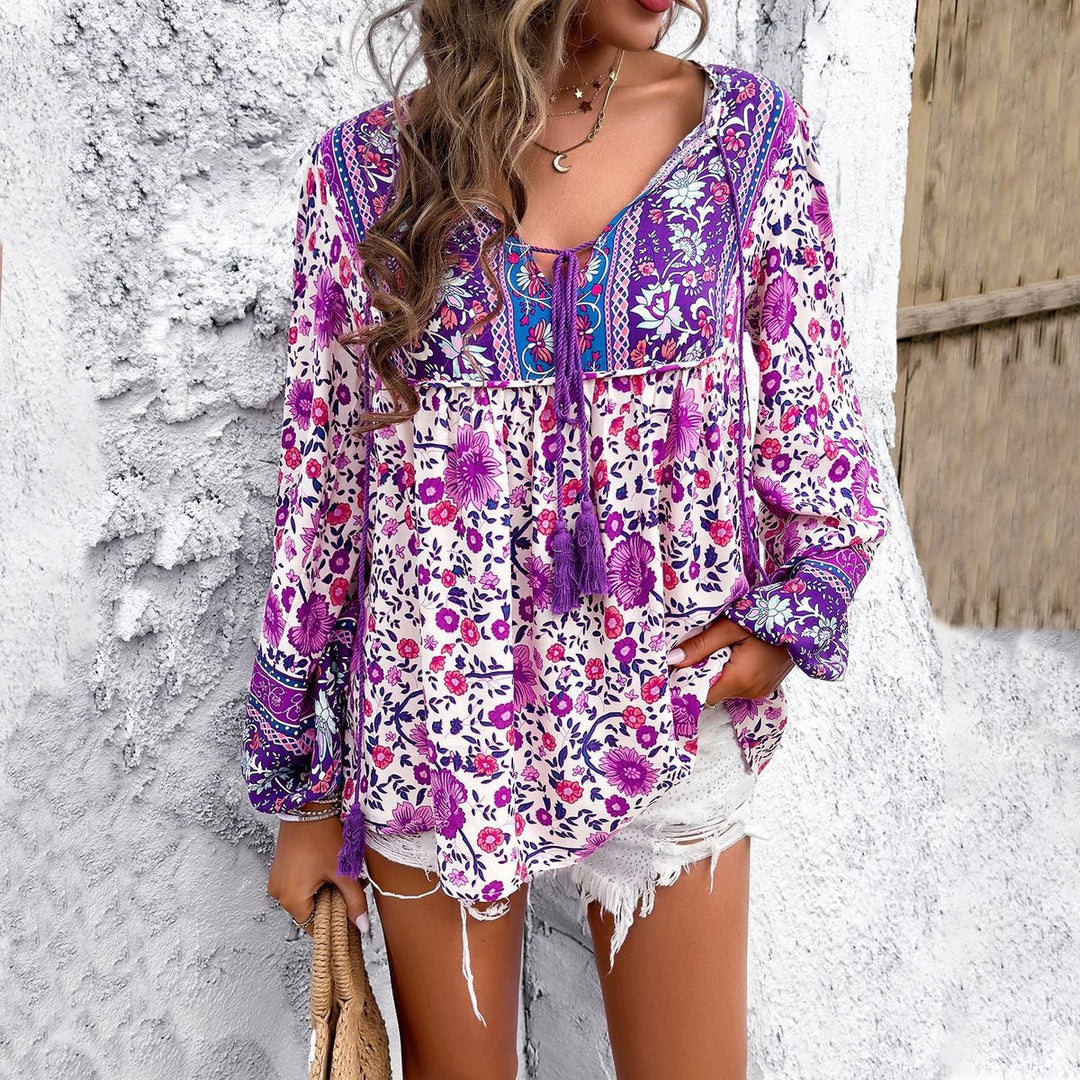 Women's Boho Floral Long-Sleeve V-Neck Tassel Tunic Top - Lila