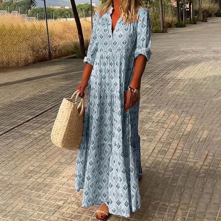 Women's Boho Floral Maxi Cocktail Party Dress V-Neck Tiered - Blue