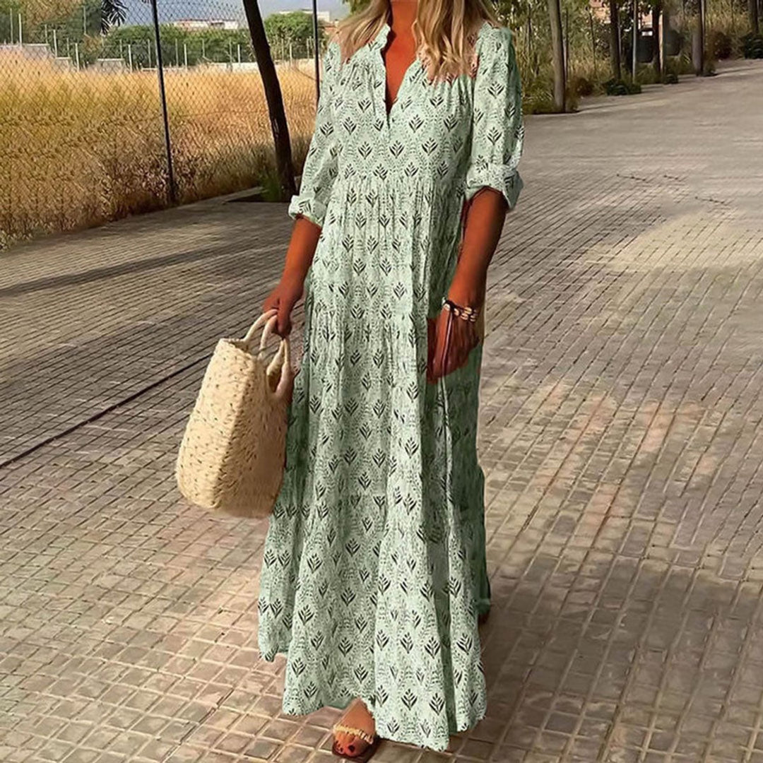 Women's Boho Floral Maxi Cocktail Party Dress V-Neck Tiered - Green