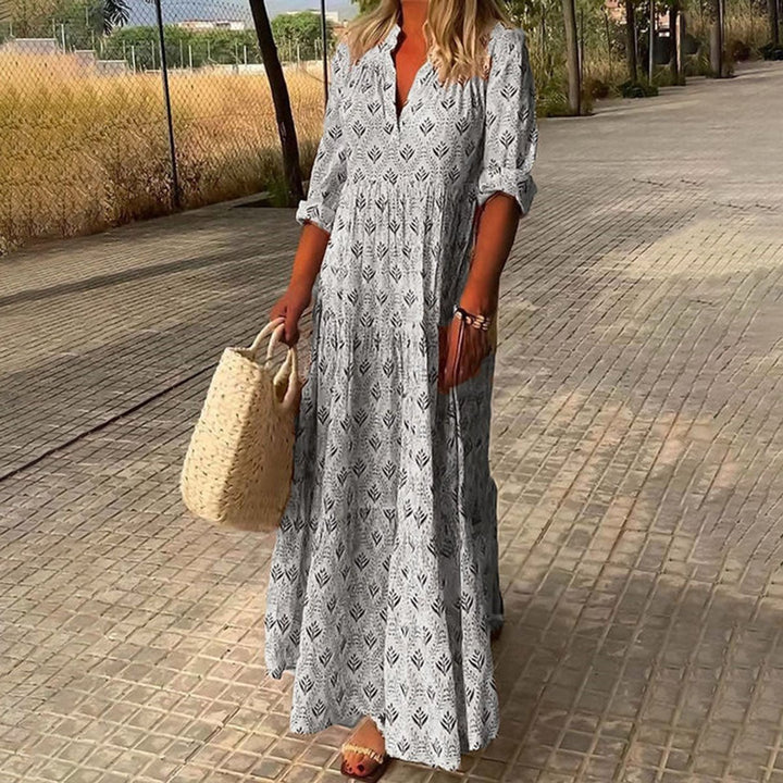 Women's Boho Floral Maxi Cocktail Party Dress V-Neck Tiered - Grey
