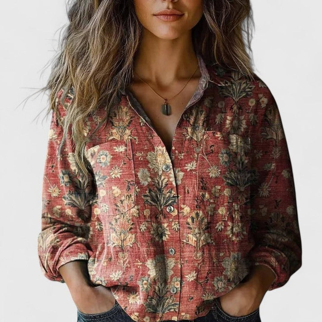 Women's Boho Floral Print Long Sleeve Button-Up Blouse - Red
