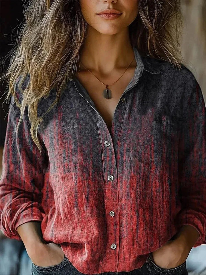 Women's Boho Floral Print Long Sleeve Button-Up Blouse - Red-Dark Grey