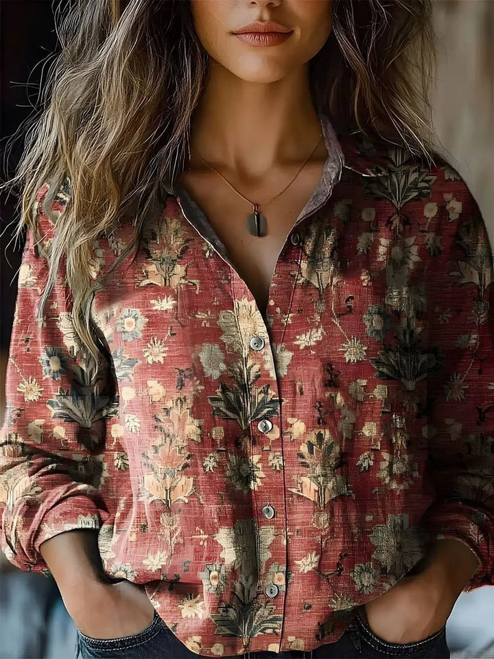 Women's Boho Floral Print Long Sleeve Button-Up Blouse