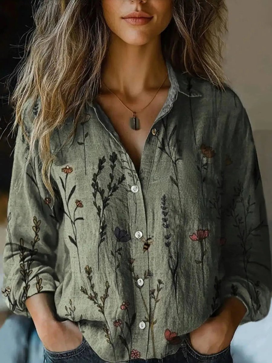 Women's Boho Floral Print Long Sleeve Button-Up Blouse - Olive Green