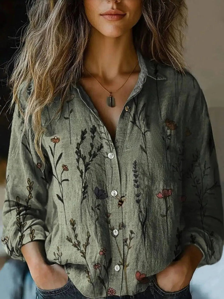 Women's Boho Floral Print Long Sleeve Button-Up Blouse - Olive Green