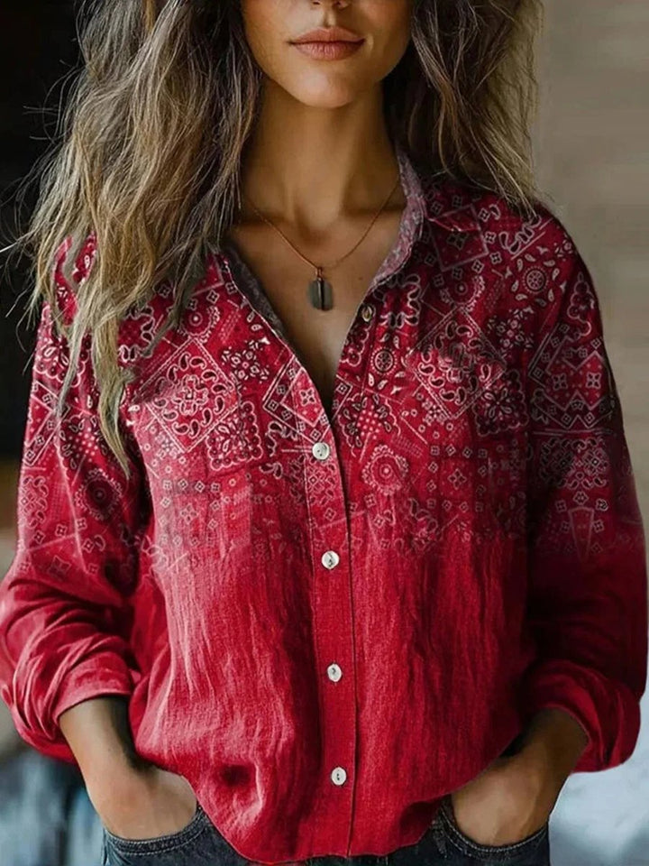 Women's Boho Floral Print Long Sleeve Button-Up Blouse - Deep Red