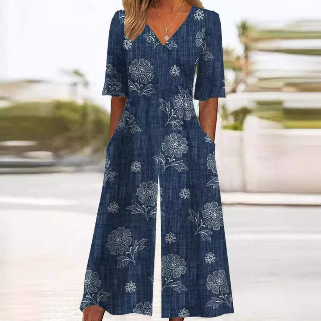 Women's Boho Floral Print V-Neck Wide-Leg Jumpsuit - Navy Blue