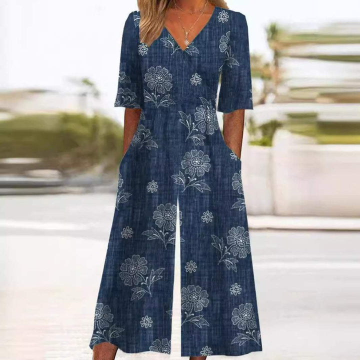 Women's Boho Floral Print V-Neck Wide-Leg Jumpsuit - Navy Blue
