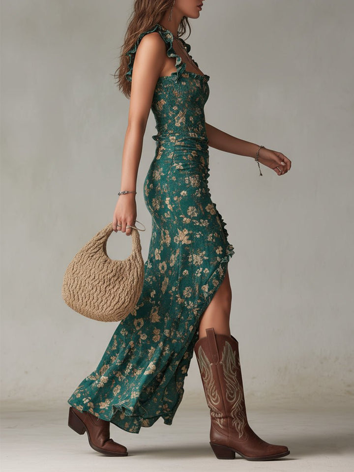 Women's Boho Floral Ruffle-Strap Maxi Dress