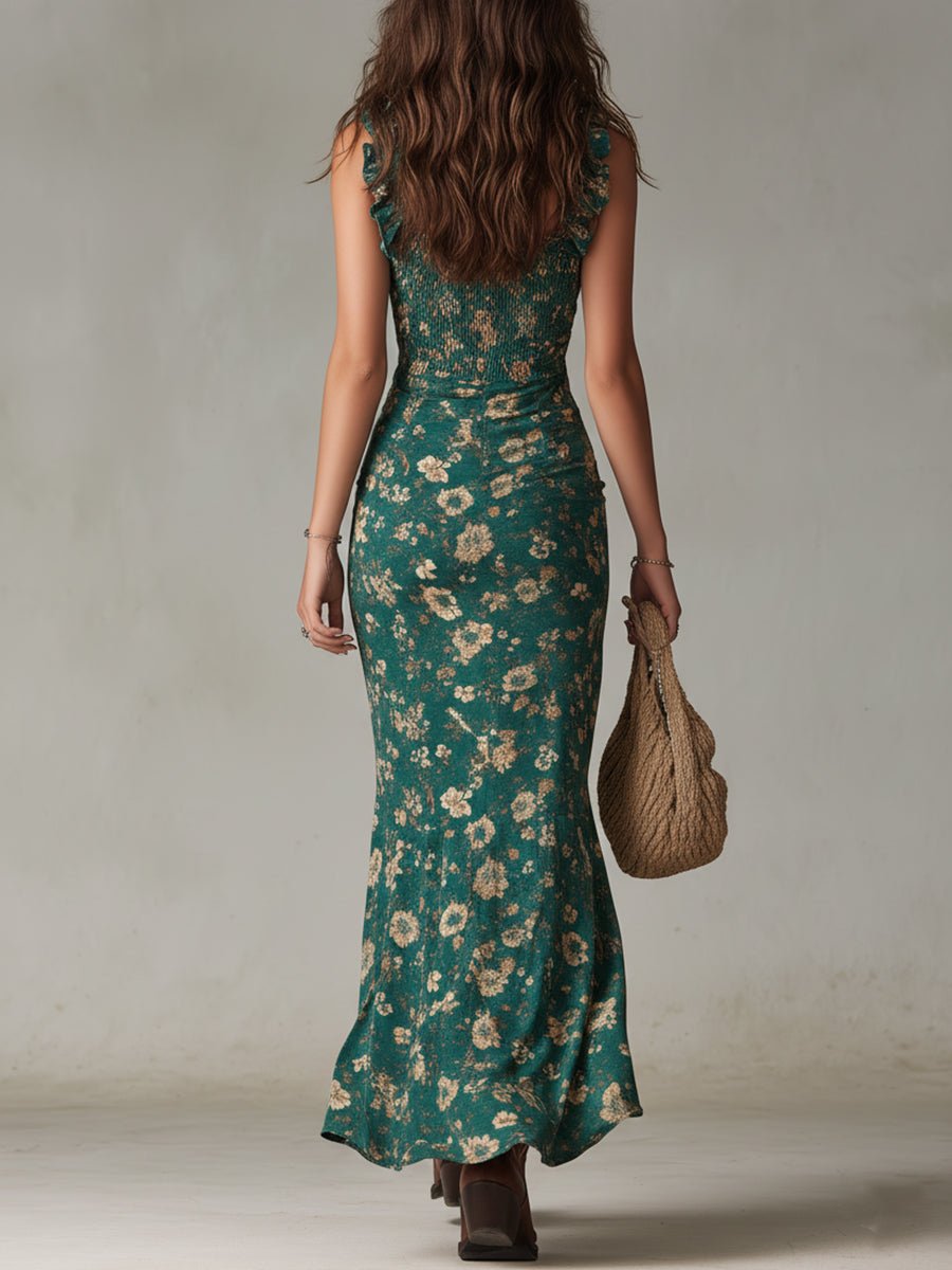 Women's Boho Floral Ruffle-Strap Maxi Dress