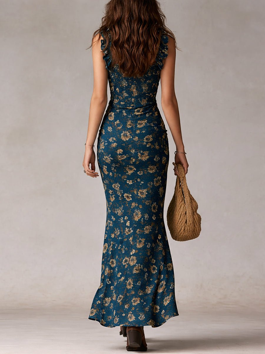 Women's Boho Floral Ruffle-Strap Maxi Dress