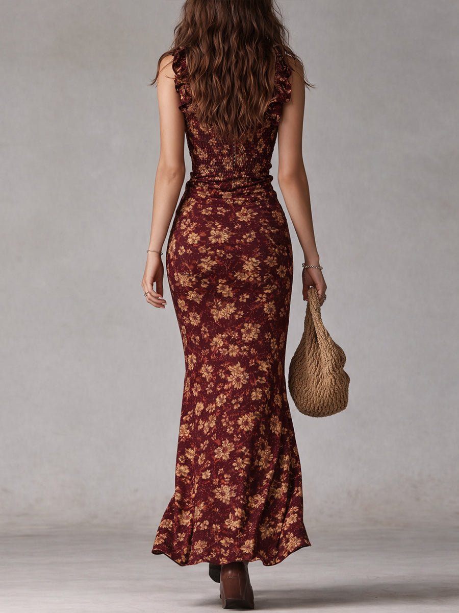 Women's Boho Floral Ruffle-Strap Maxi Dress