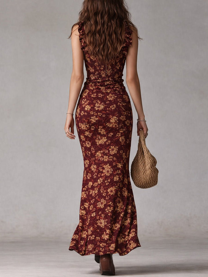 Women's Boho Floral Ruffle-Strap Maxi Dress