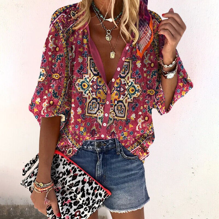 Women's Boho Floral V-Neck Long Sleeve Button-Down Blouse - Red