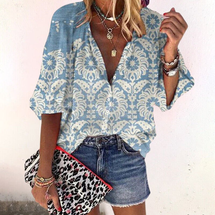 Women's Boho Floral V-Neck Long Sleeve Button-Down Blouse - Blue