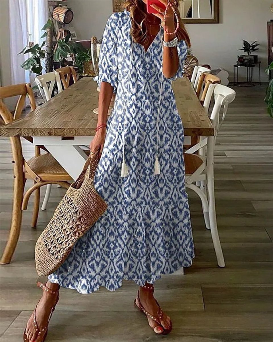 Women's Boho Ikat-Print V-Neck Tassel Midi Dress - Blue