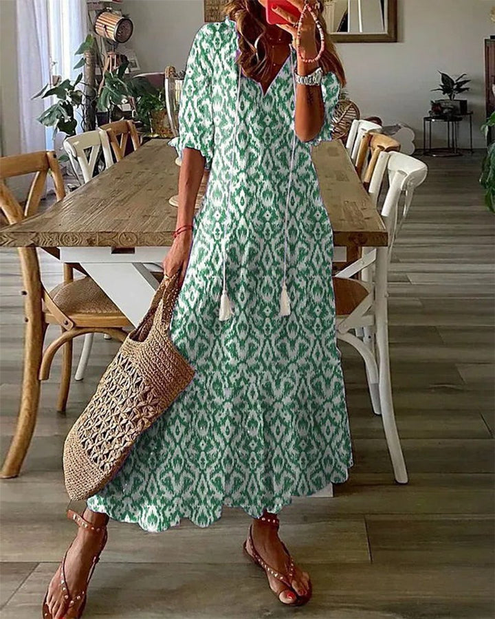 Women's Boho Ikat-Print V-Neck Tassel Midi Dress - Green (Almost sold out)