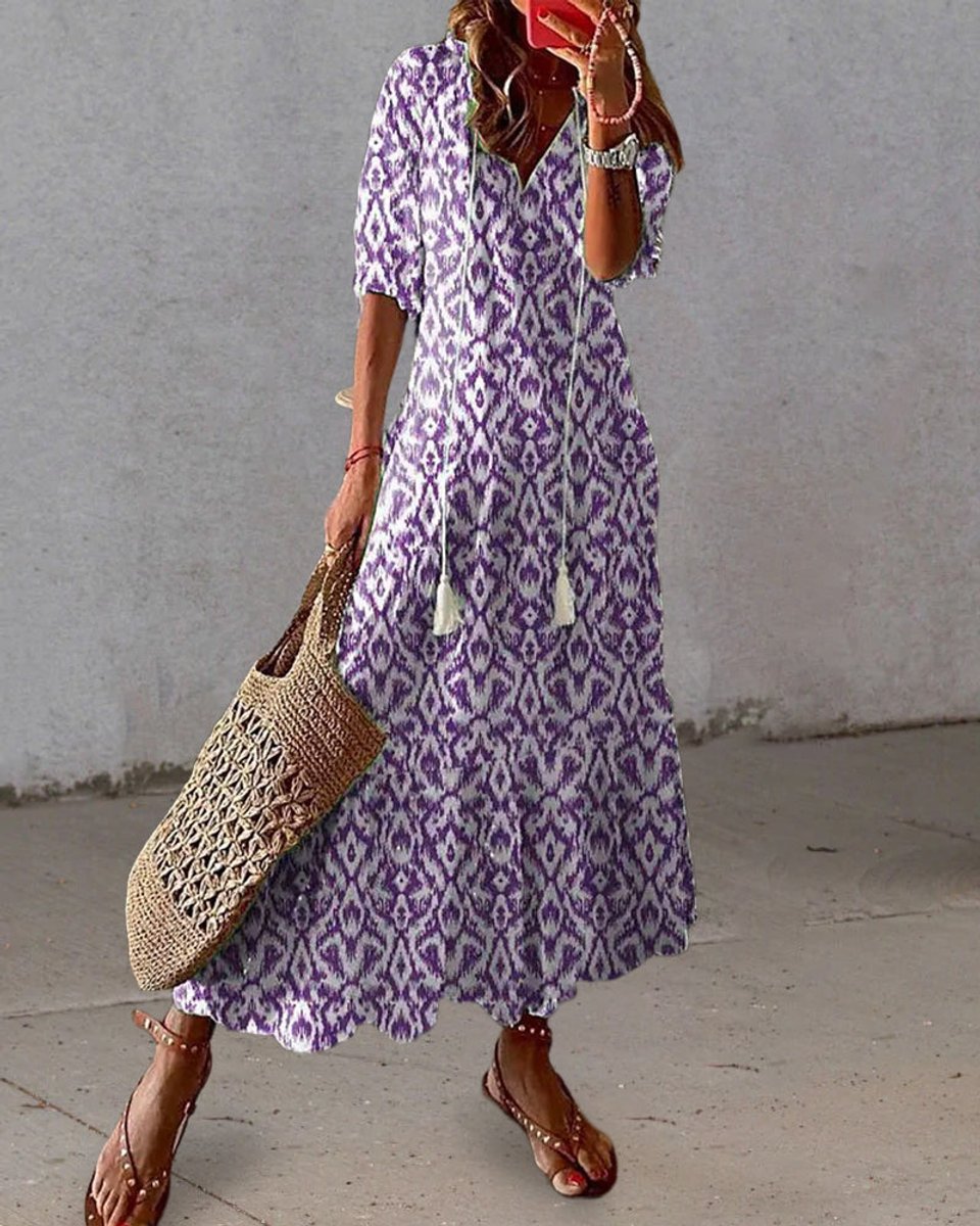 Women's Boho Ikat-Print V-Neck Tassel Midi Dress - Purple (Almost sold out)