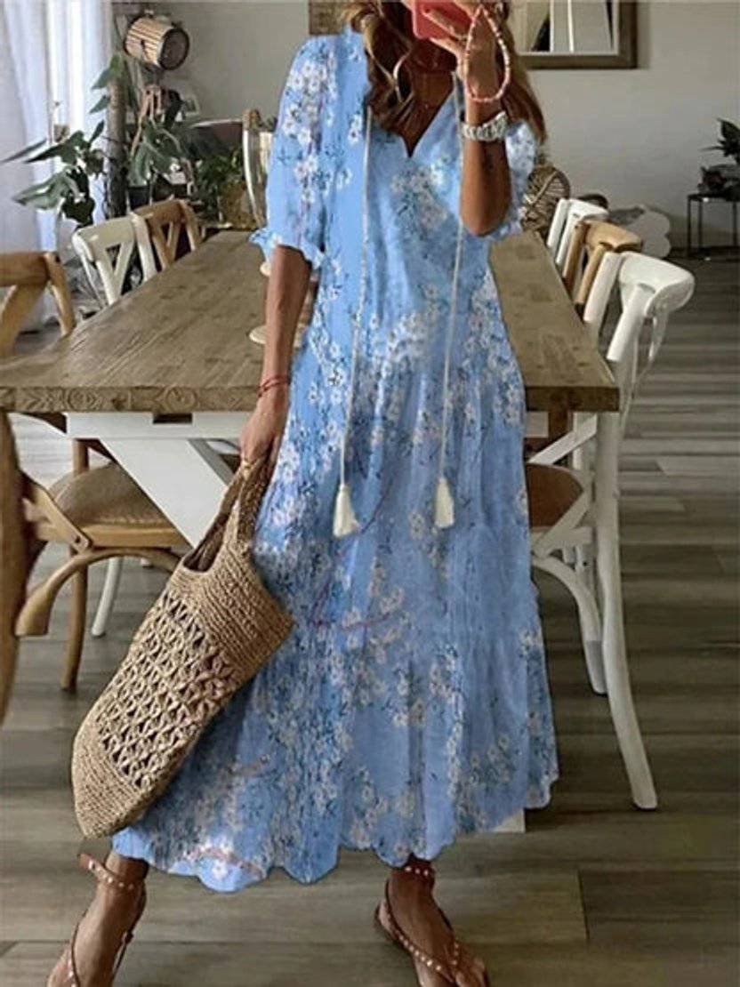 Women's Boho Ikat-Print V-Neck Tassel Midi Dress - Light Blue