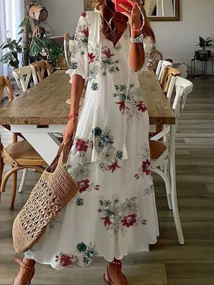 Women's Boho Ikat-Print V-Neck Tassel Midi Dress - White 3