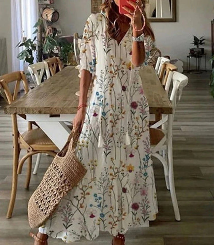 Women's Boho Ikat-Print V-Neck Tassel Midi Dress - White 2