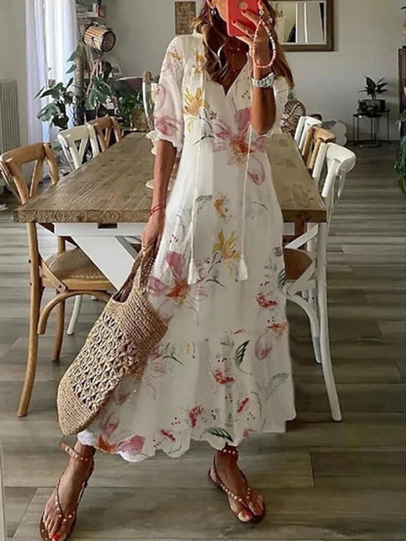 Women's Boho Ikat-Print V-Neck Tassel Midi Dress - White 1 (Almost sold out)