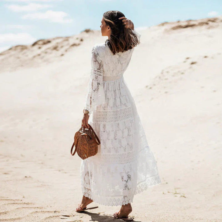 Women's Boho Lace Long Sleeve Flowy Maxi Dress V-Neck