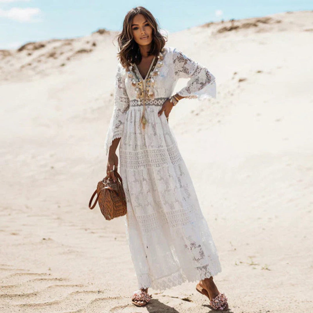 Women's Boho Lace Long Sleeve Flowy Maxi Dress V-Neck