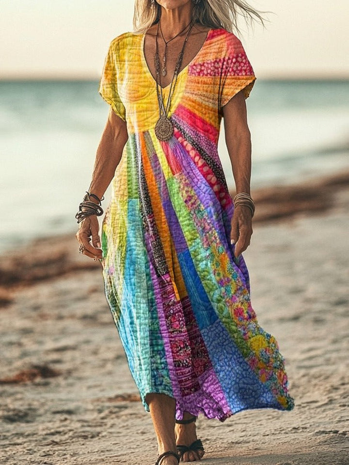 Women's Boho Patchwork Long Sleeve V-Neck Midi Dress