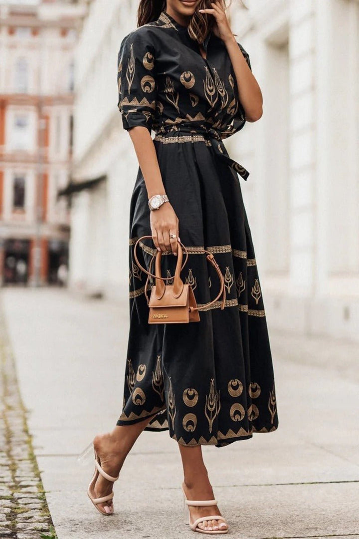 Women's Boho Print Self-Tie Midi Dress - Black