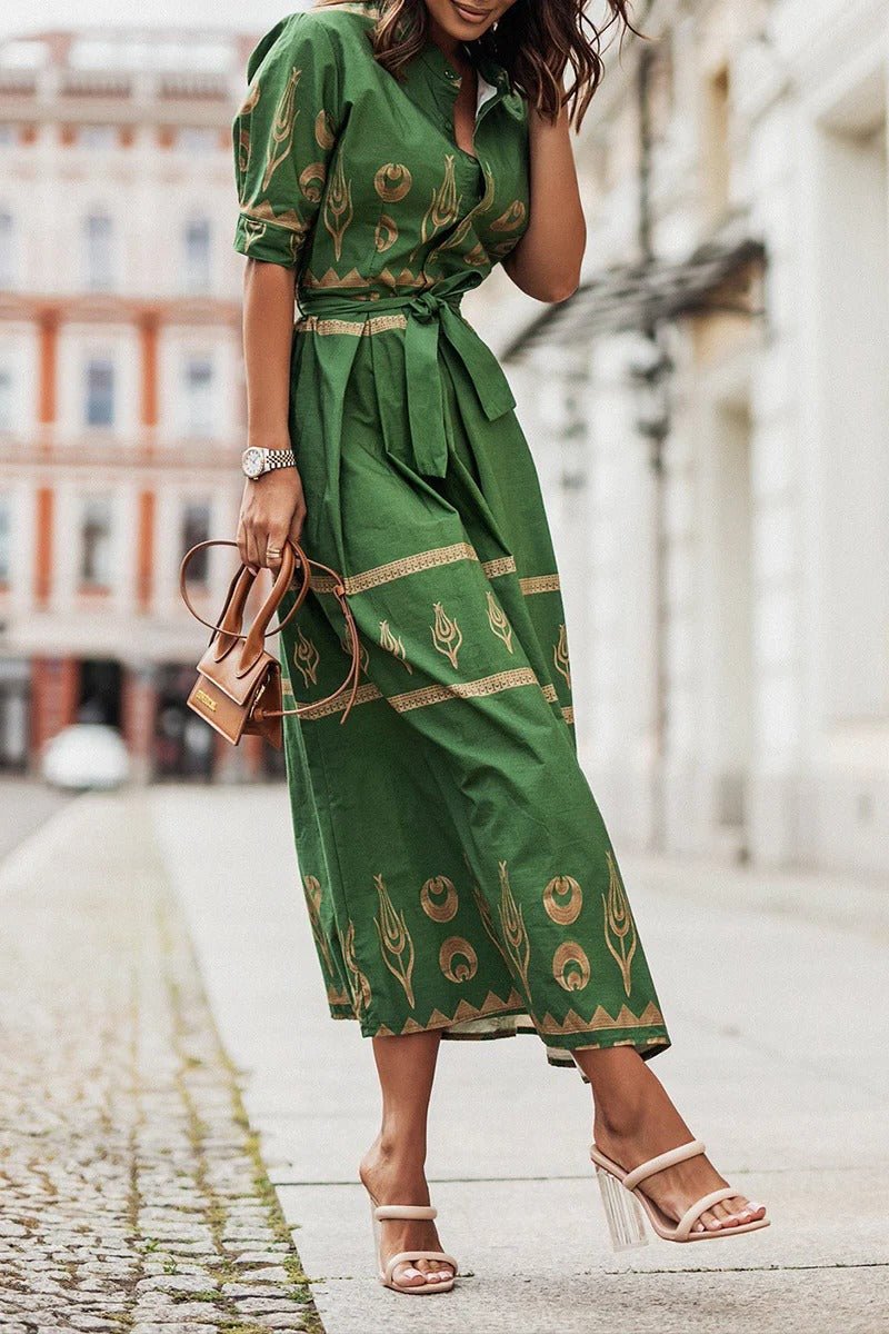 Women's Boho Print Self-Tie Midi Dress - Green